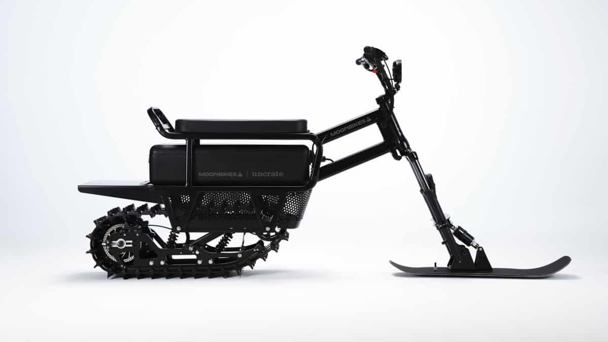 Moonbikes electric snowmobile profile.