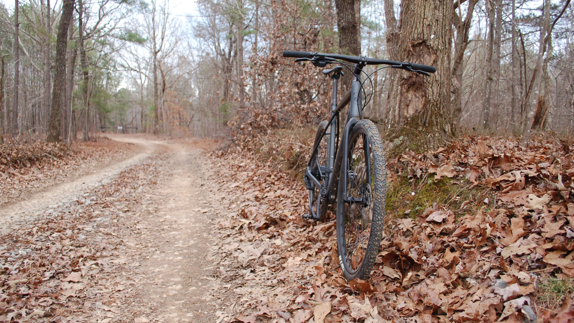 Pedal assist gravel bike on a dirt road.