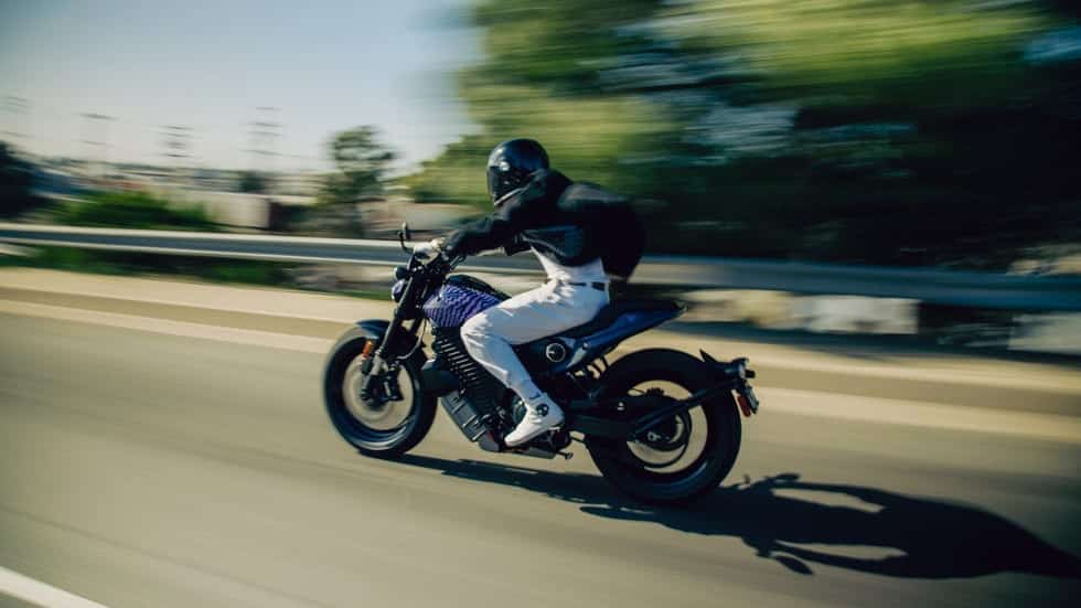 Livewire Del Mar electric motorcycle riding down the highway. 