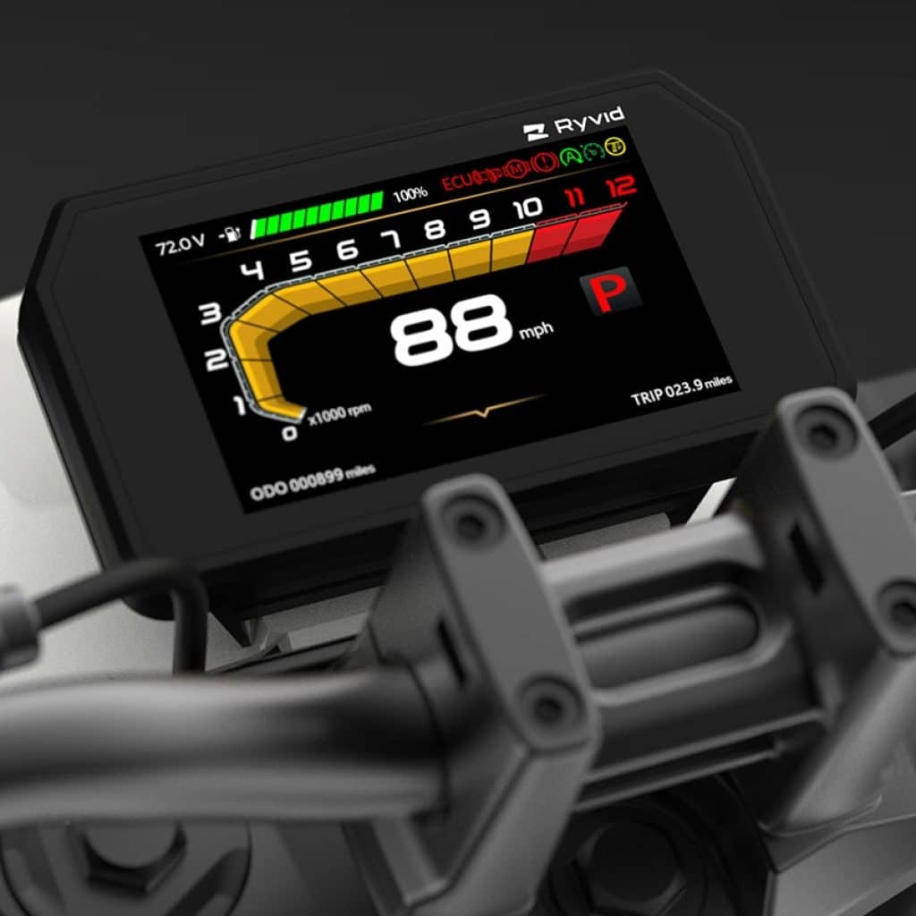 Digital rendering of the Ryvid Anthem's full color digital dashboard. 