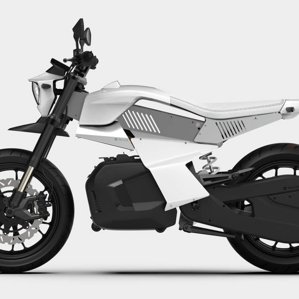 Side view of the Ryvid Anthem electric motorcycle. 