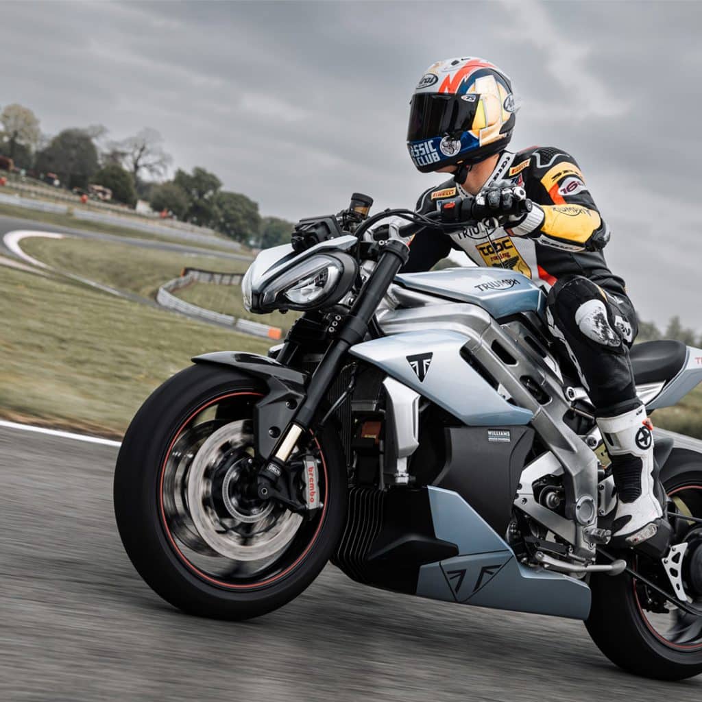 Triumph takes the final version of their TE1 prototype electric motorcycle around the track for testing. 