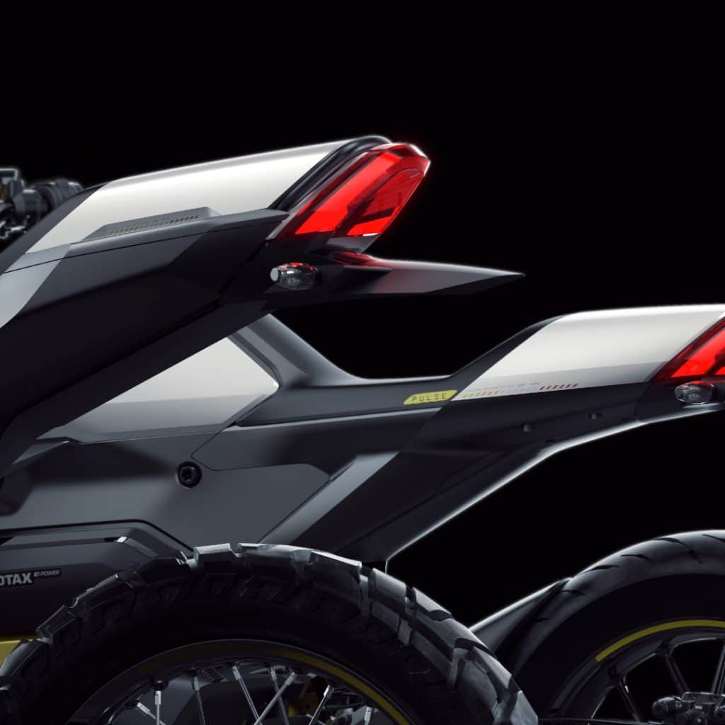 Detail on tail section of the Can-Am Origin and Pulse motorcycles. 