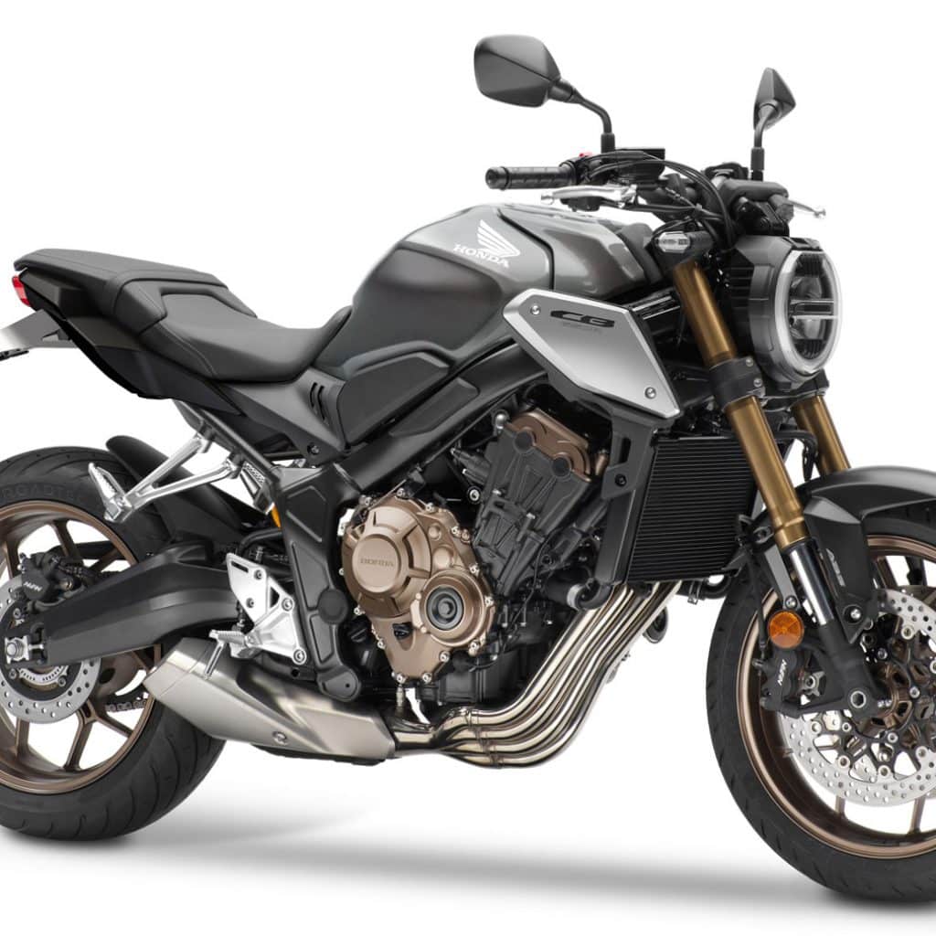 Studio image of the 2022 Honda CB650R, which sports their latest "new-cafe" styling.