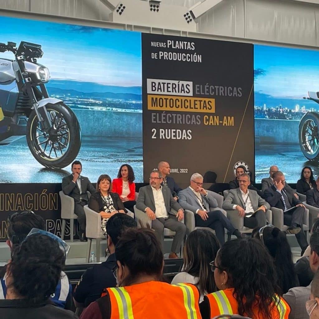 Guest speakers address the crowd at the ground breaking ceremony for BRP's new electric motorcycle facility.