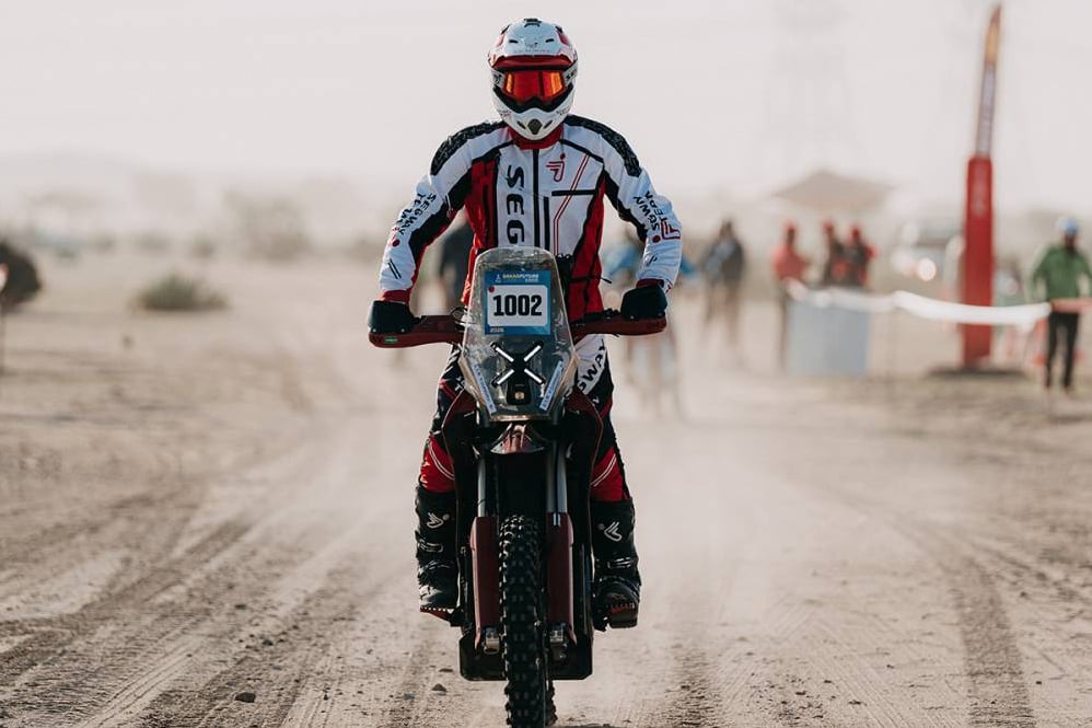 Close up of a Segway factory rally electric motorcycle at the 2026 Dakar Mission 1000.