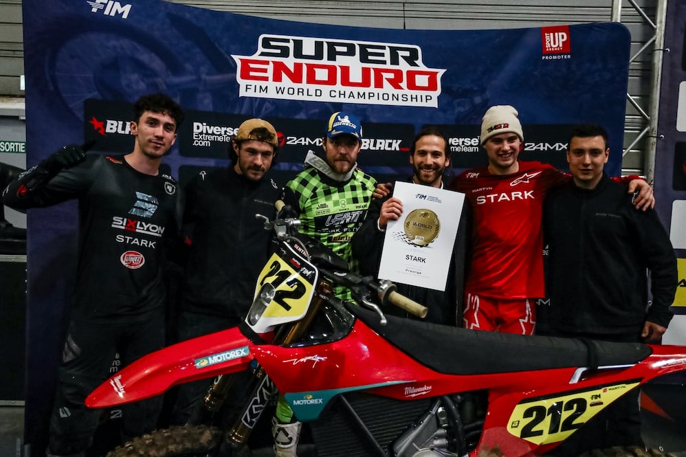 Stark Future Riders Eddie Karlsson and Toby Martyn celebrate winning the 2026 FIM SuperEnduro manufacturer's title.
