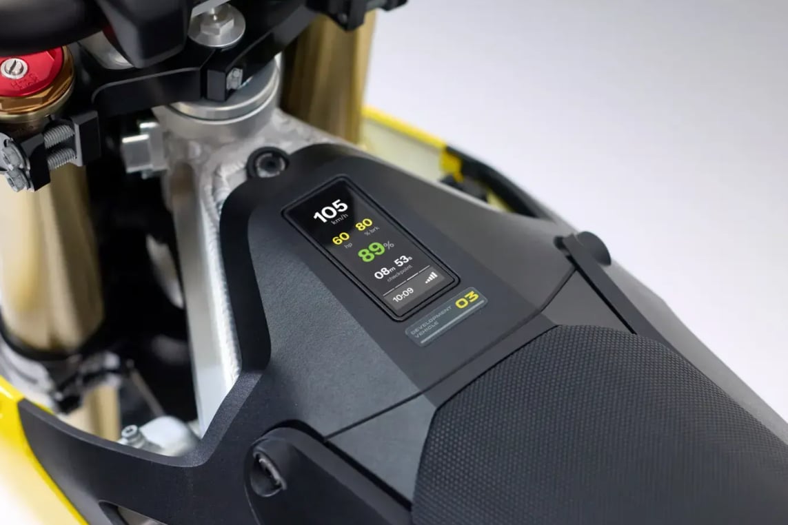 Detail of the digital display on the Radian EXR electric dirt bike. 