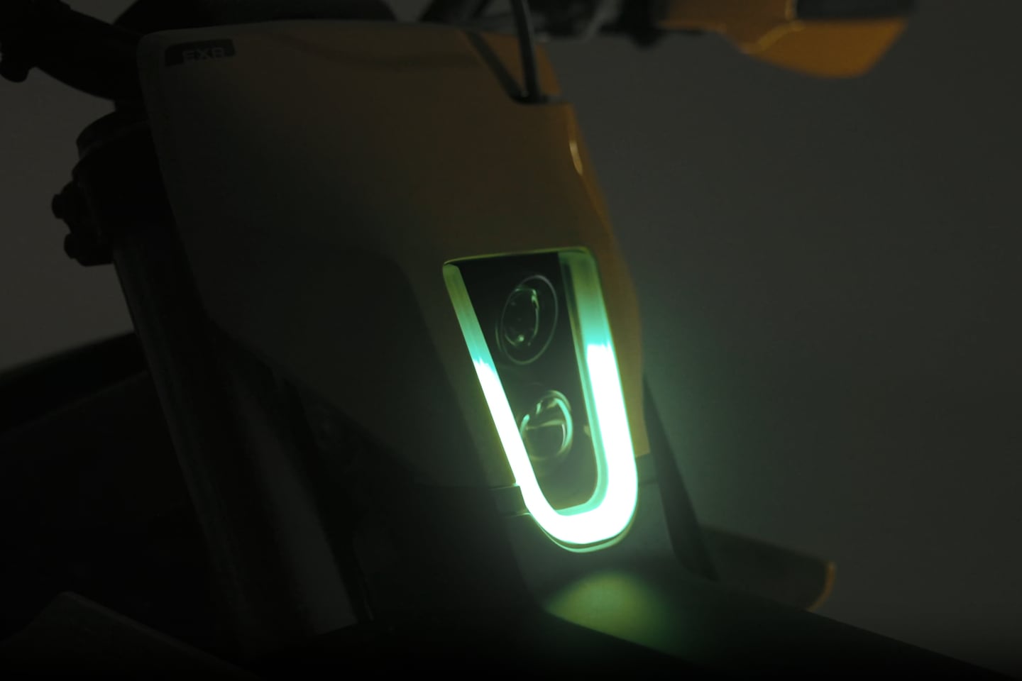 Detail of the Radian EXR's dual-LED headlight. 