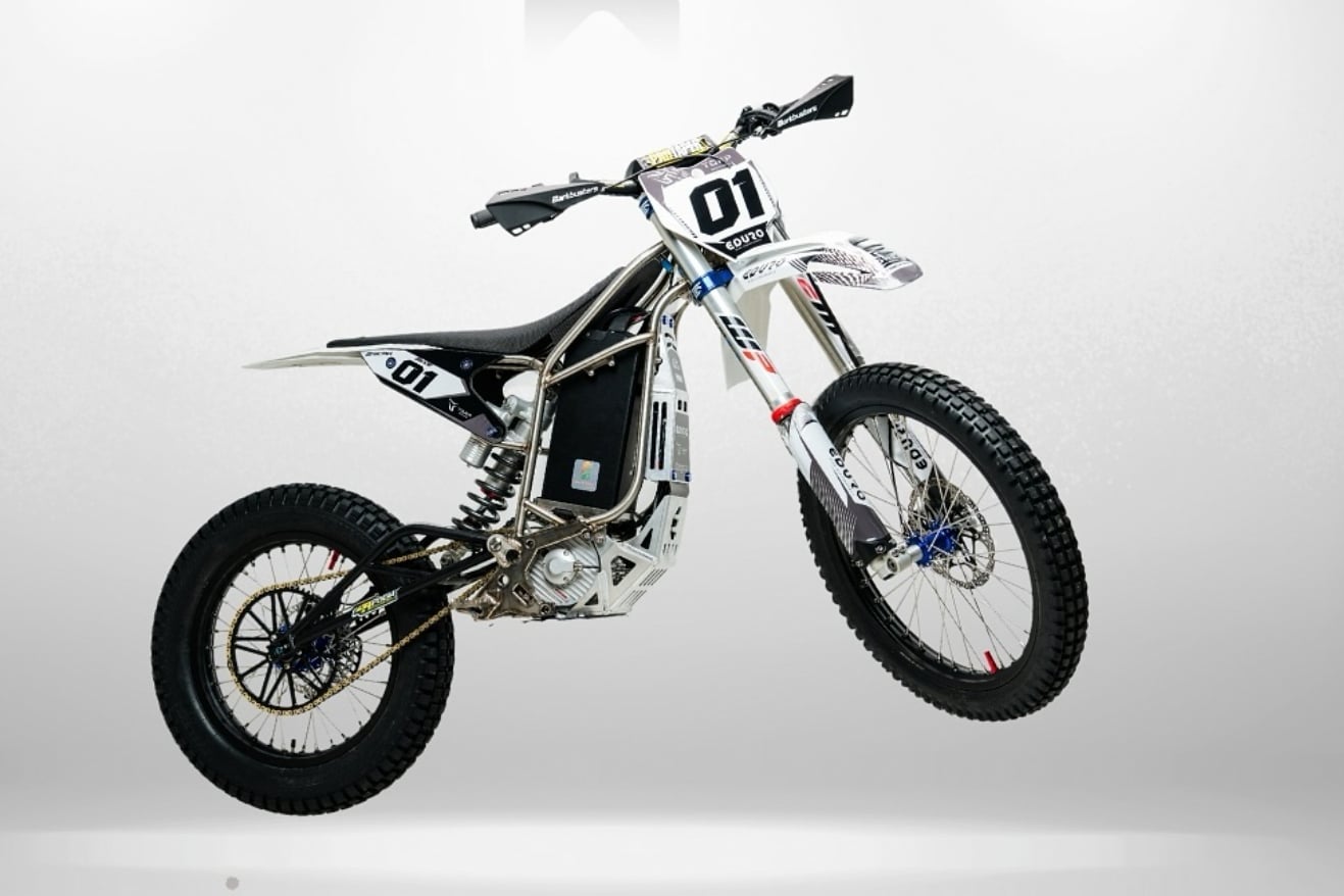 The EDURO prototype electric bike that would ultimately become the JARV-E electric hard enduro motorcycle.