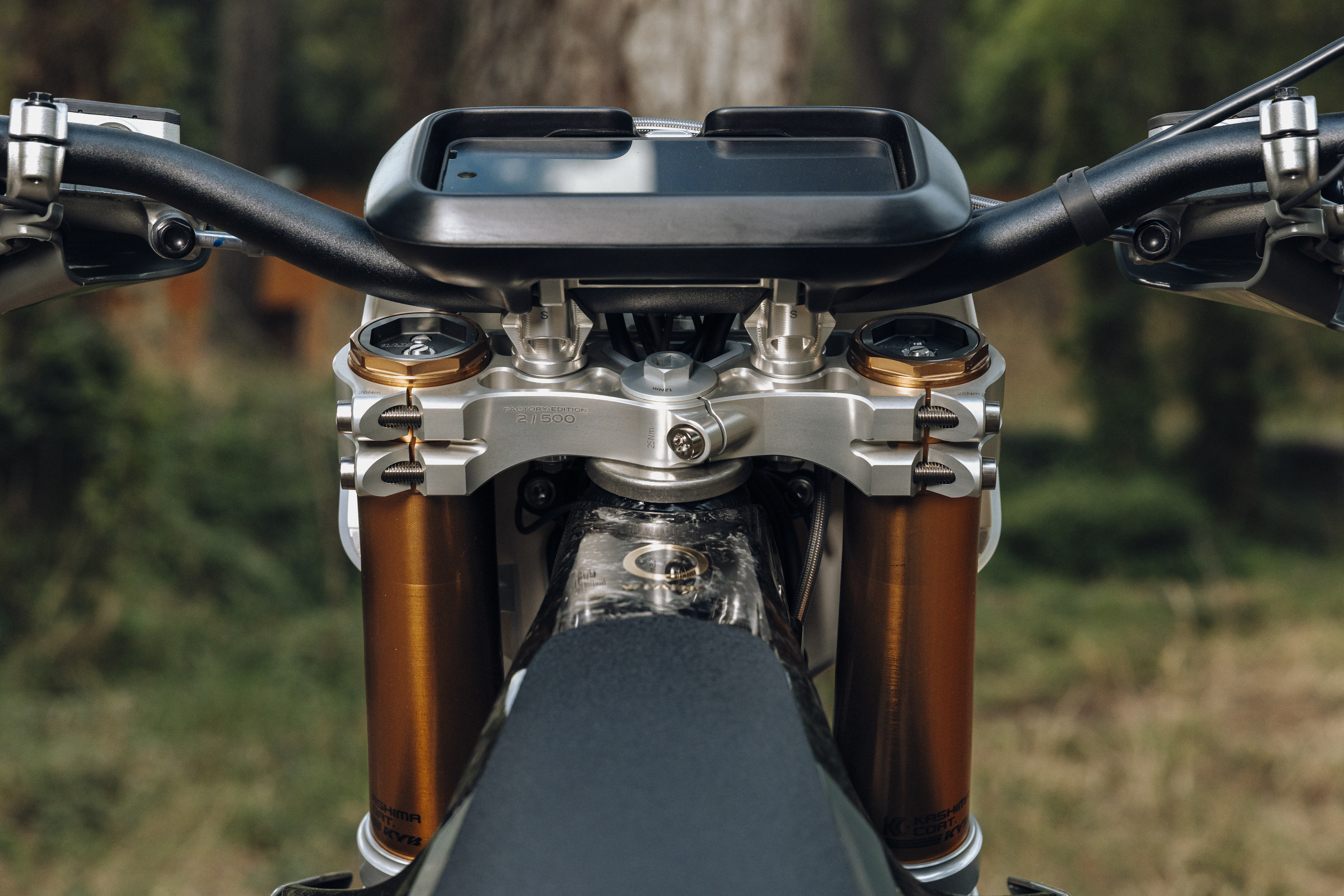 Stark factory editions triple clamp engraving detail. 
