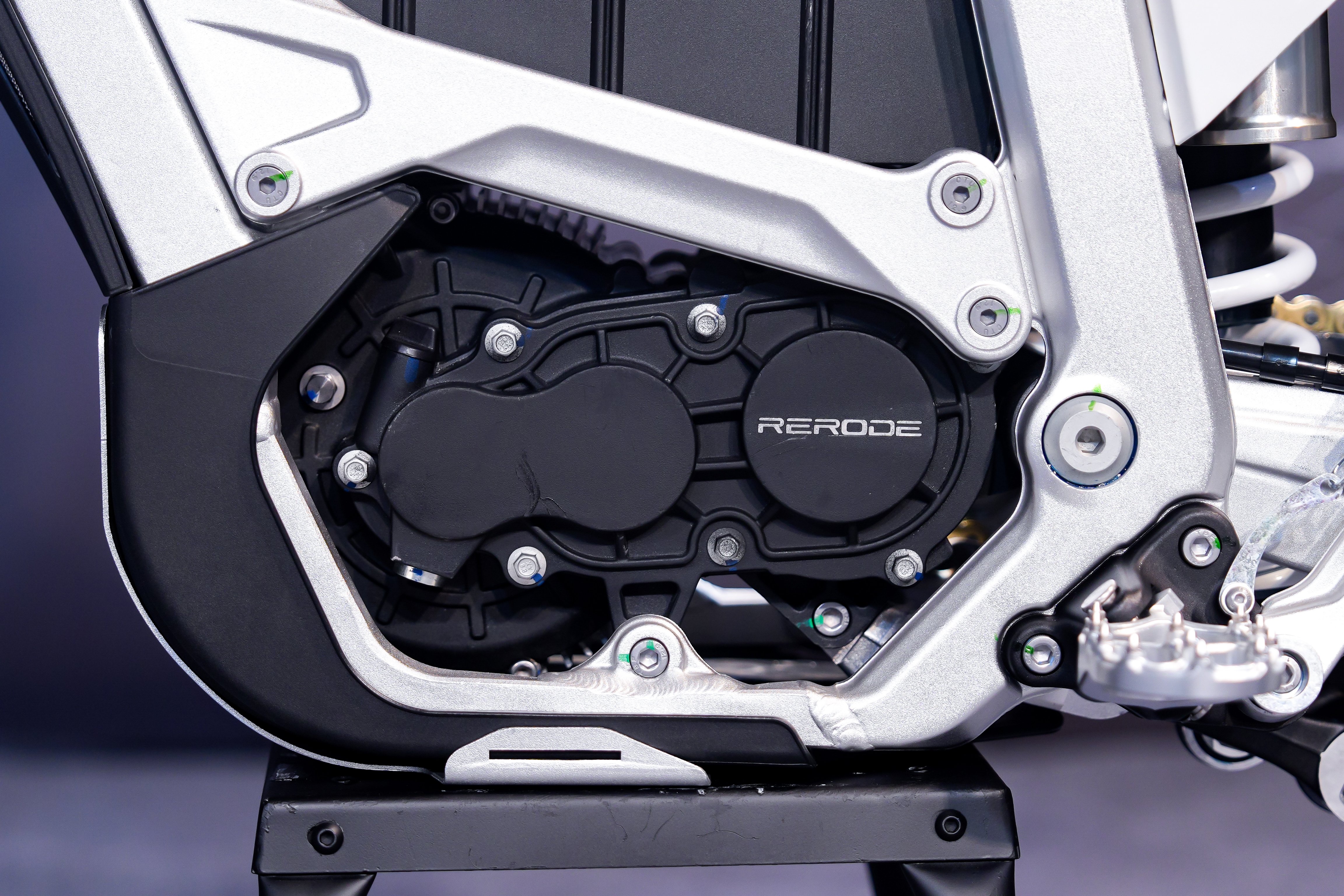 Close up detail of the electric motor in the Rerode RX motorcycle.